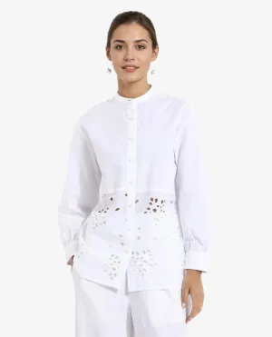 Rareism Women Oia White Cuffed Sleeve Mandarin Collar Button Closure Relaxed Fit Plain Top