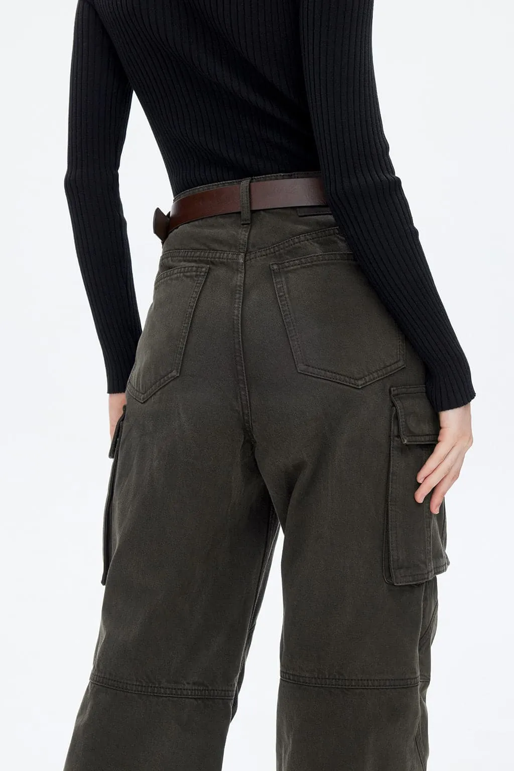 Retro Gray And Green Butterfly Belt Straight Cargo Jeans