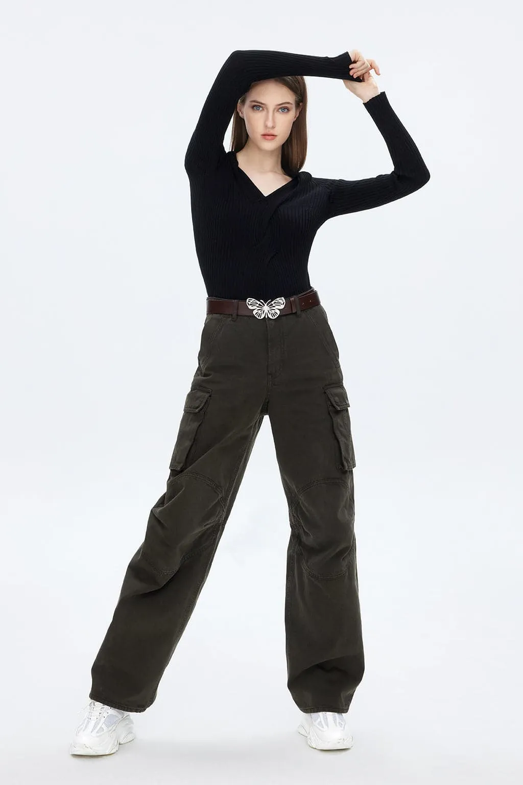 Retro Gray And Green Butterfly Belt Straight Cargo Jeans