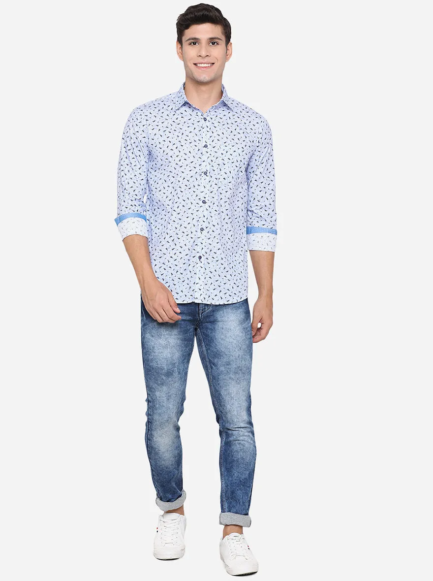 Rivera Blue Printed Slim Fit Semi Casual Shirt | JadeBlue