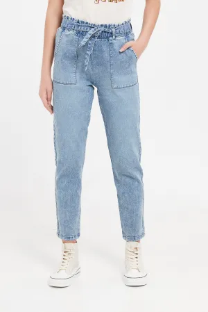 Senior Girls Blue Paperbag Waist Jeans