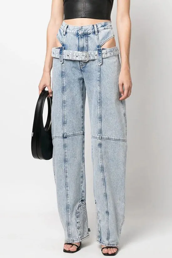 Sexy Cutout Double Waist High Rise Belted Detail Full Length Straight Jeans