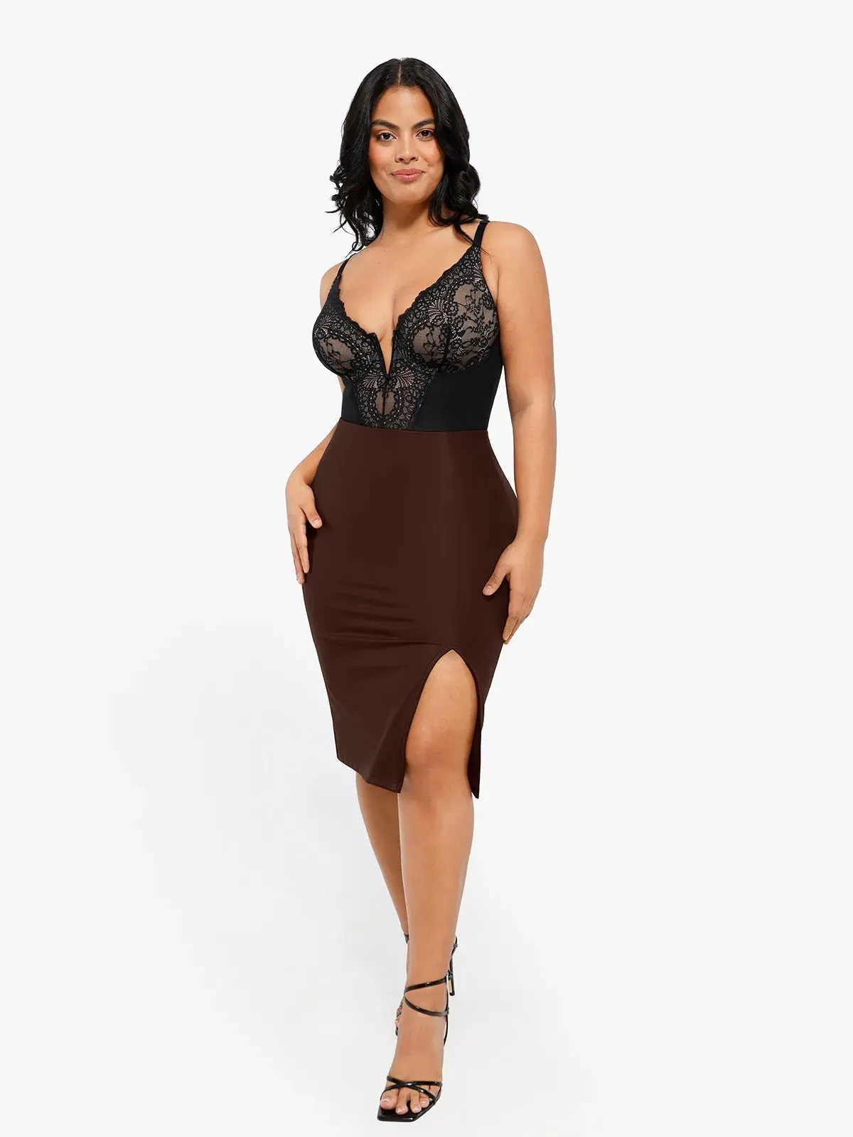 Shapewear Lace Deep-V Neck Bodysuits or Faux Leather Skirts