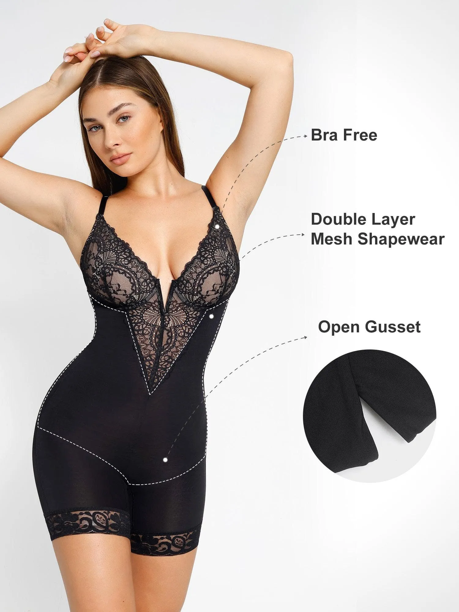 Shapewear Lace Deep-V Neck Bodysuits or Faux Leather Skirts