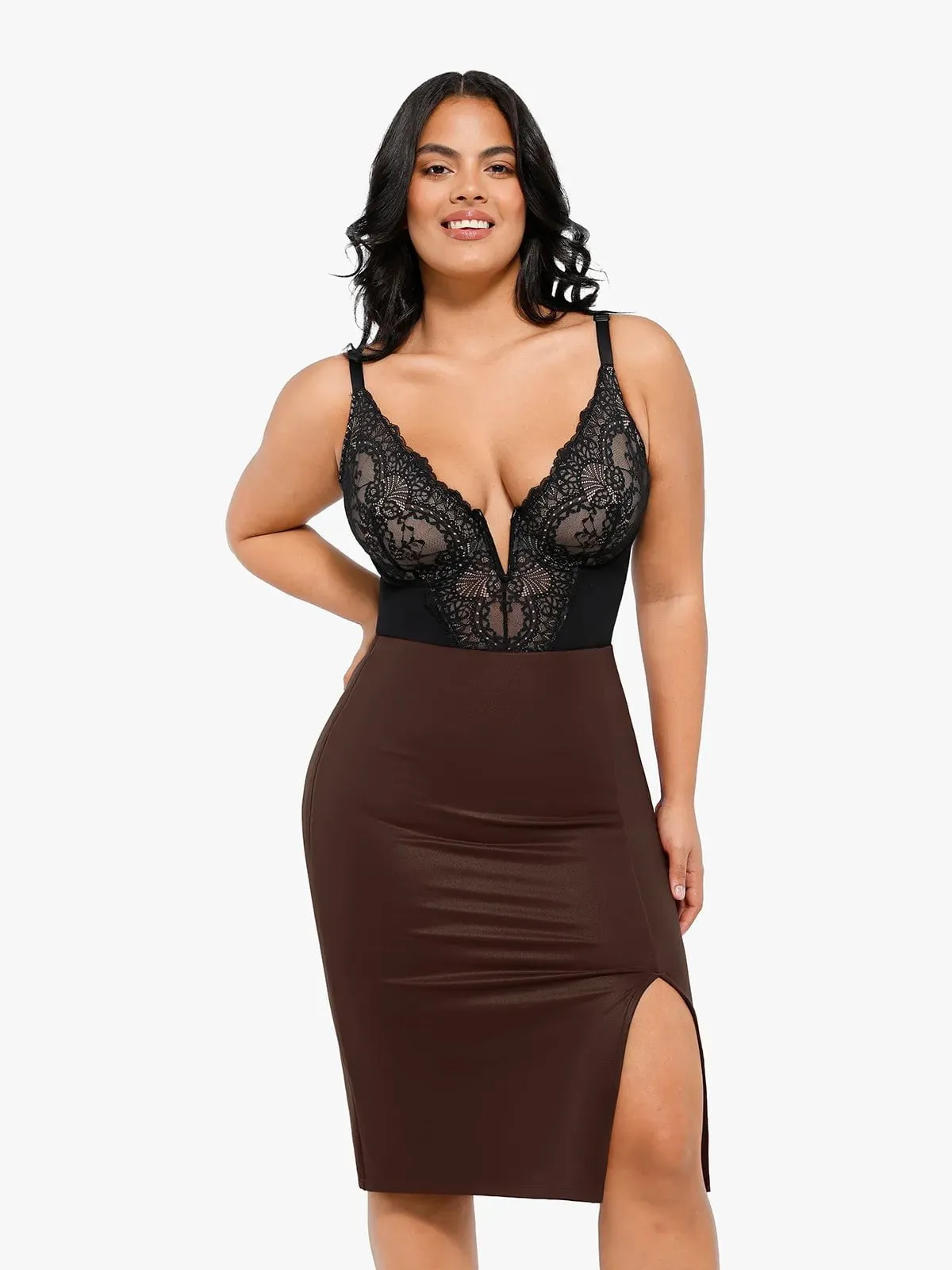 Shapewear Lace Deep-V Neck Bodysuits or Faux Leather Skirts