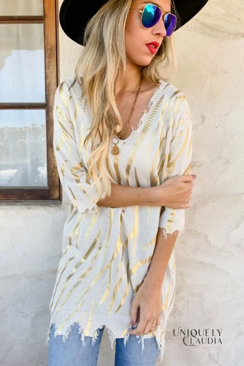 Sigrid Gold Printed Distressed Knit Tunic