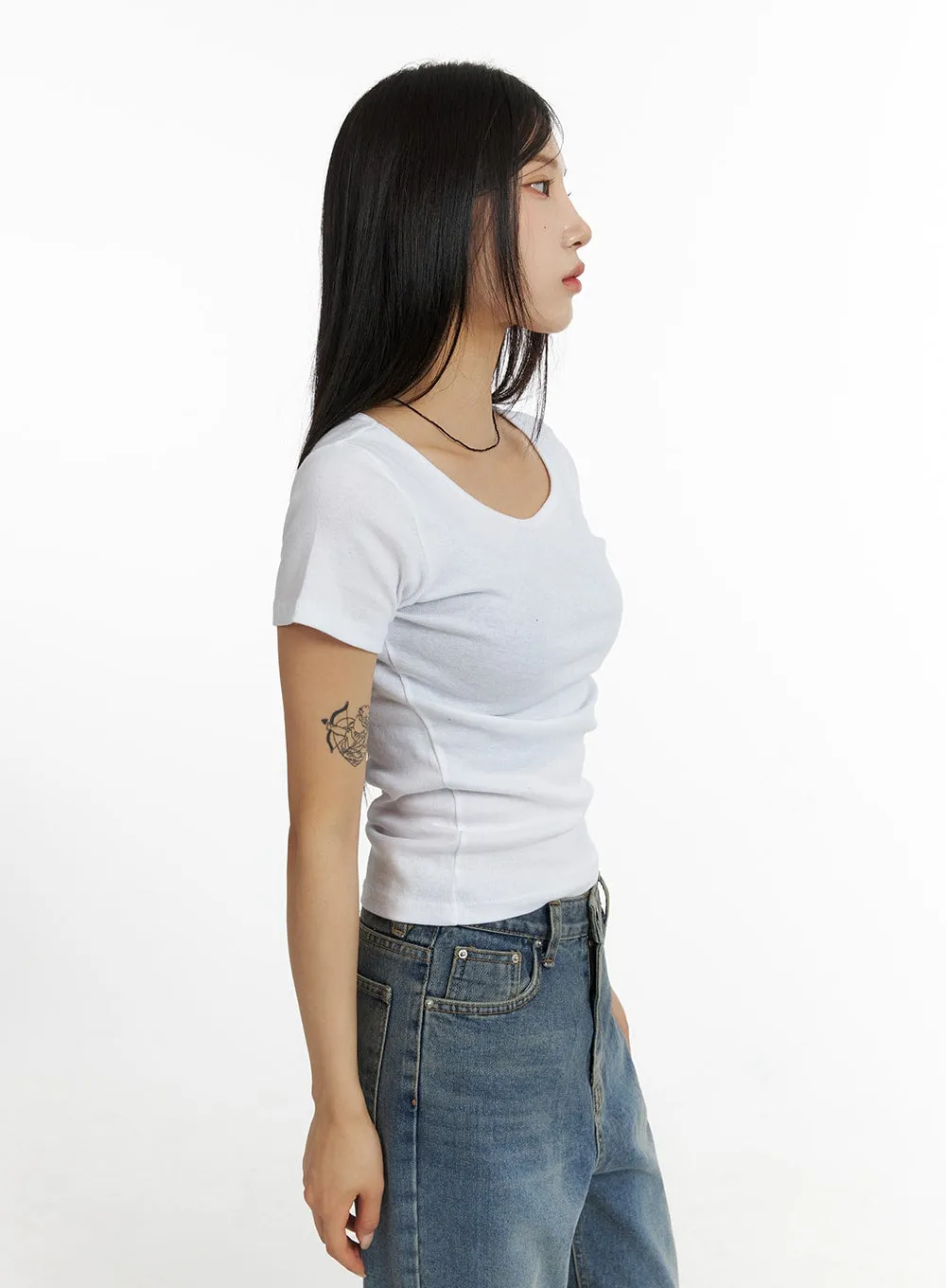 Solid Round Neck Short Sleeve Tee CF401