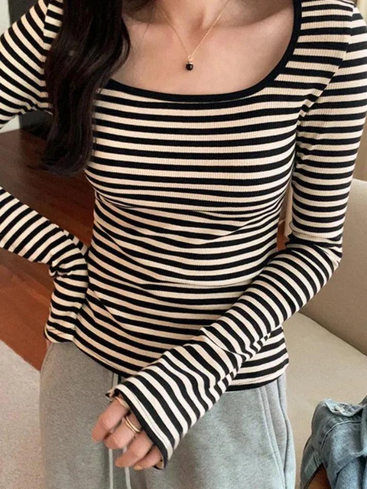 Striped Print Square Neck Slim Long Sleeve Tee