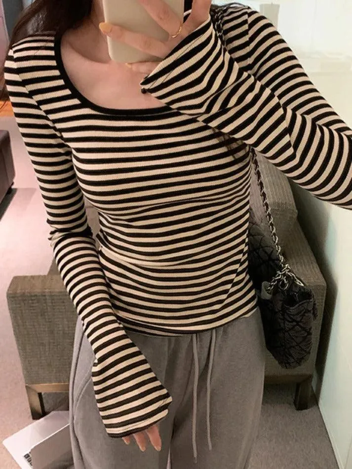 Striped Print Square Neck Slim Long Sleeve Tee