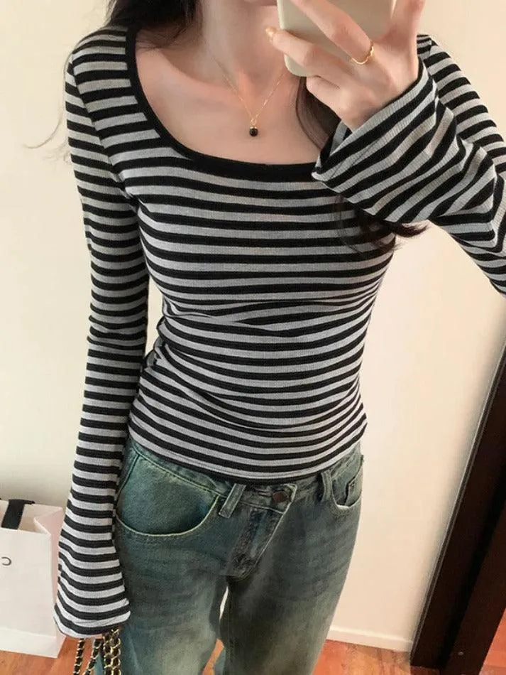 Striped Print Square Neck Slim Long Sleeve Tee