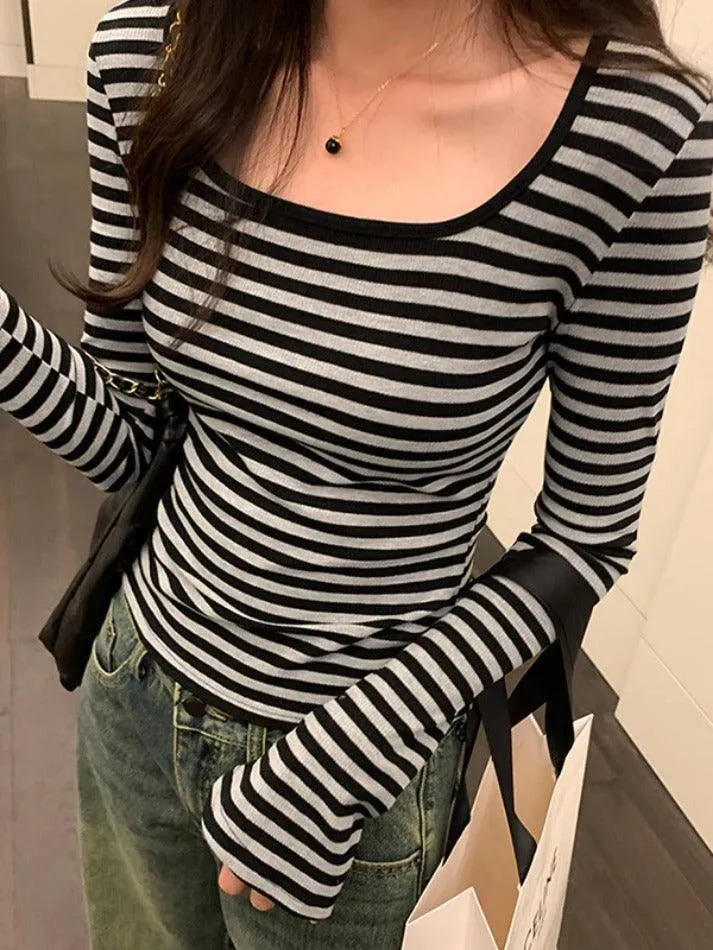 Striped Print Square Neck Slim Long Sleeve Tee