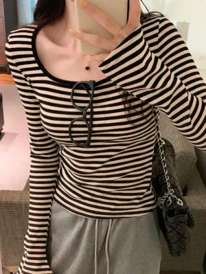 Striped Print Square Neck Slim Long Sleeve Tee