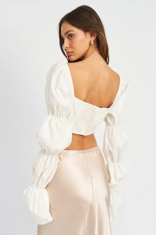 White Long Sleeve Crop Top Women's Sexy Balloon Sleeves Shirt 100% Cotton Premium Luxury KESLEY