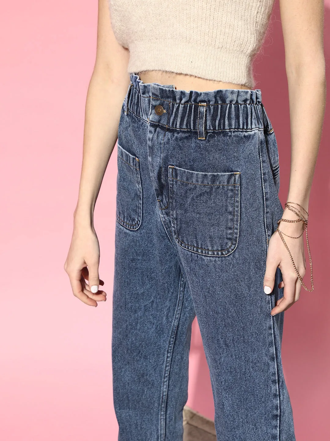 Women Blue Paperbag Waist Jeans