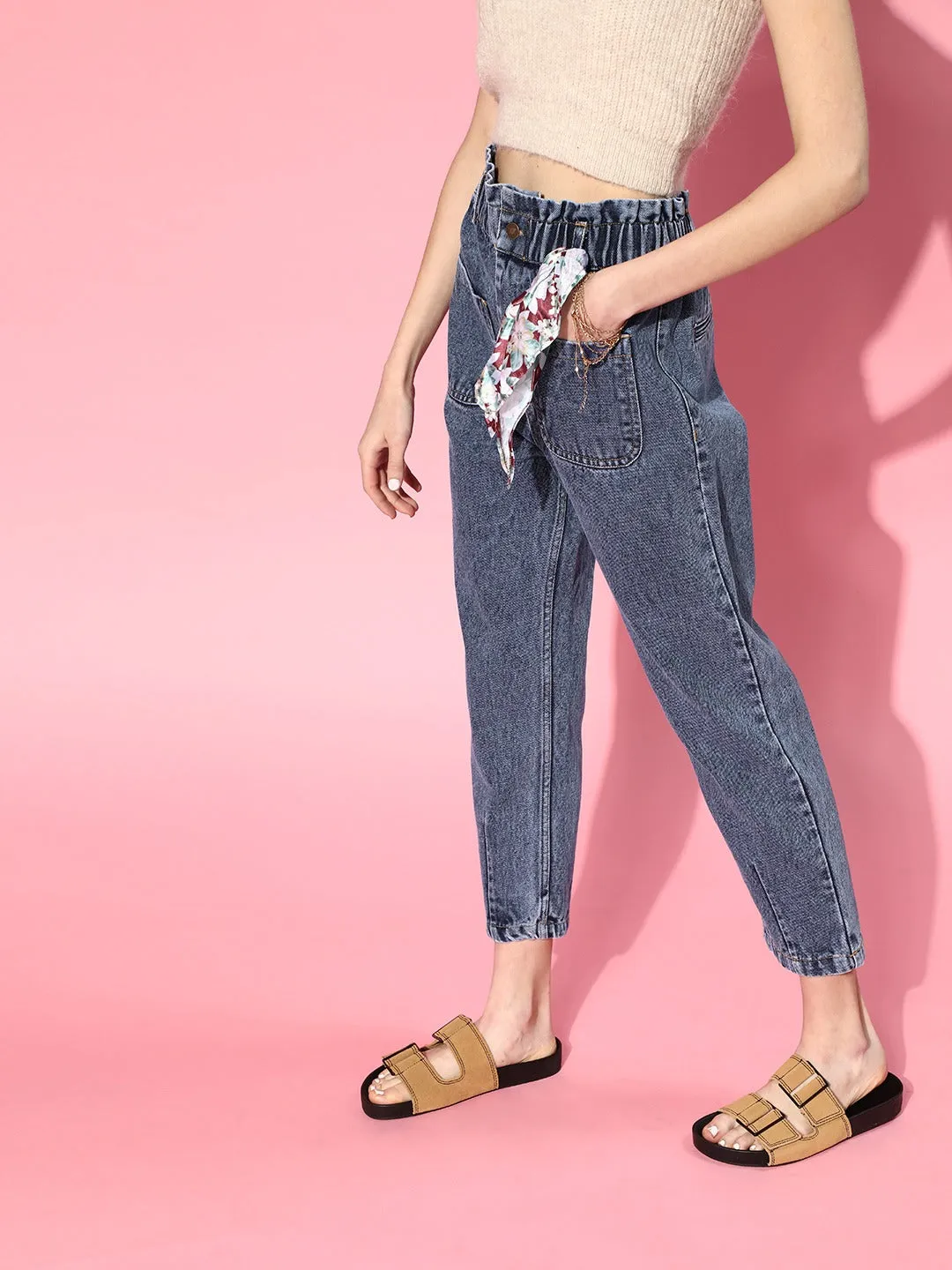 Women Blue Paperbag Waist Jeans