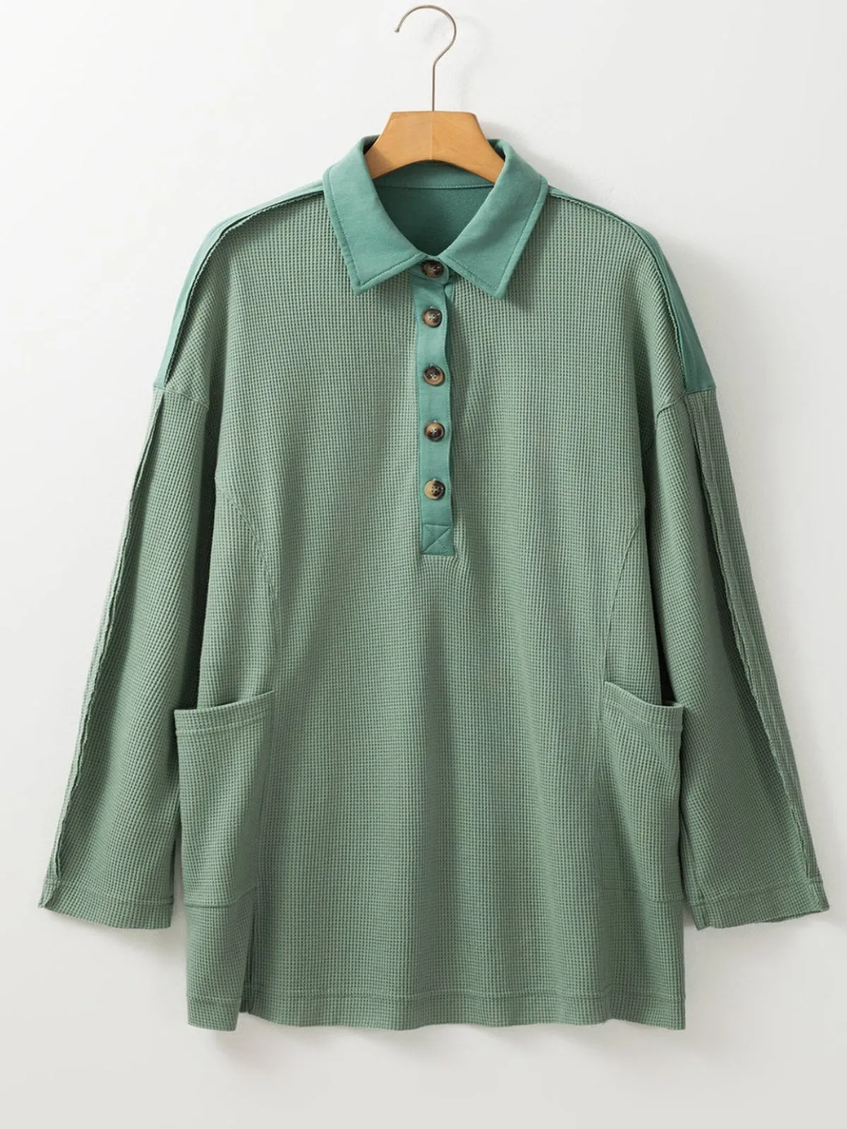 Womens Sage Green Waffle Knit Button-Up Loose-Fit Collar Top