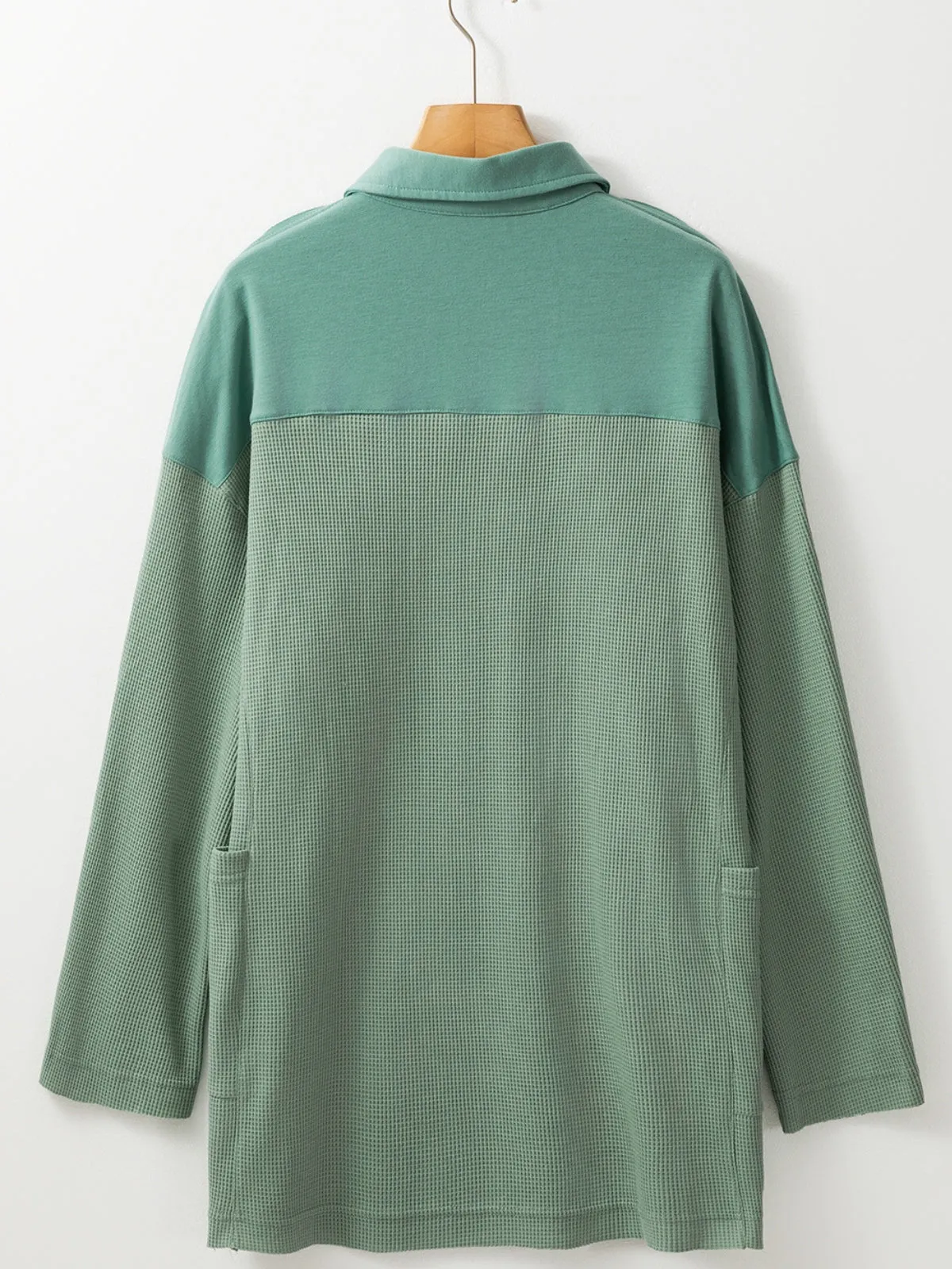 Womens Sage Green Waffle Knit Button-Up Loose-Fit Collar Top