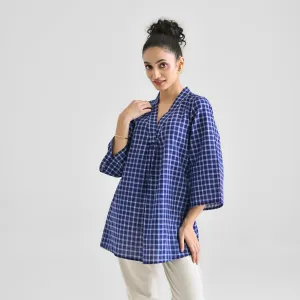 Woven Navy Cotton Tunic with V Neckline Detail