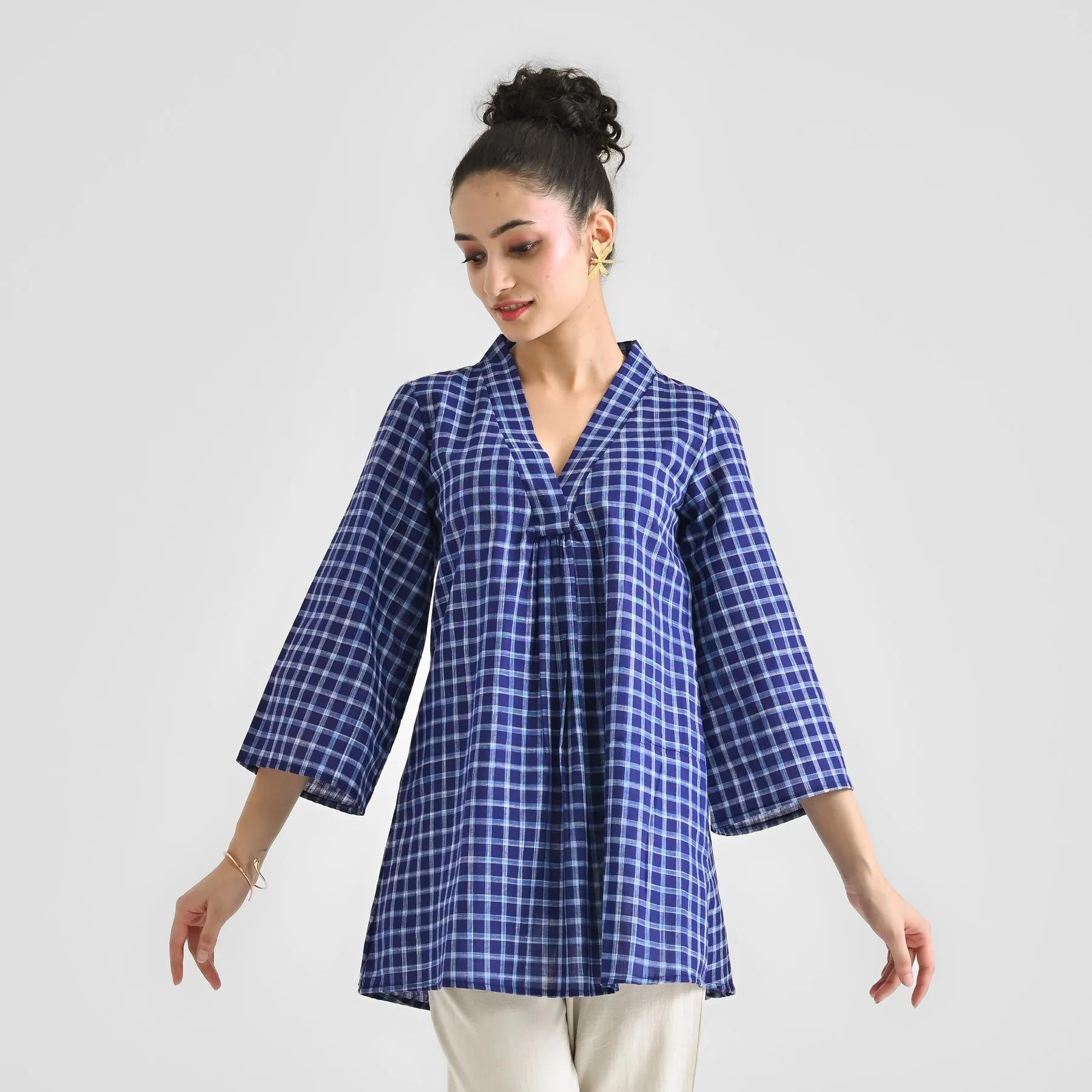 Woven Navy Cotton Tunic with V Neckline Detail